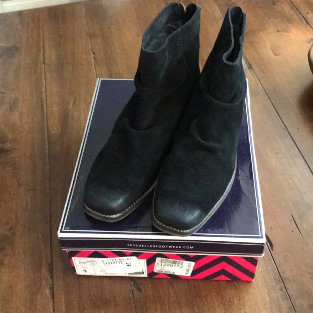 Black suede distressed booties.